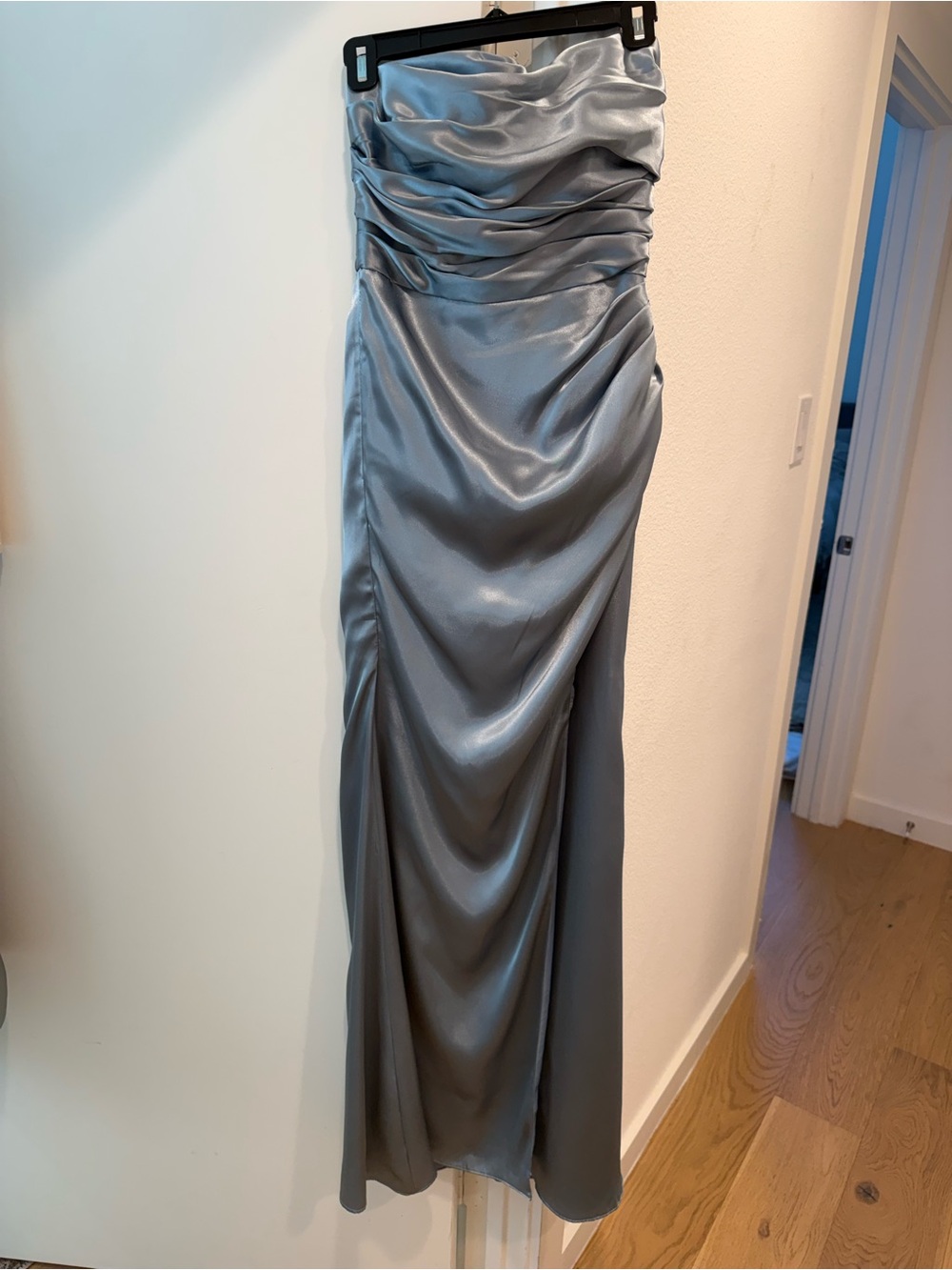 Strapless Ruched Satin Evening Gown in Silver-Gray